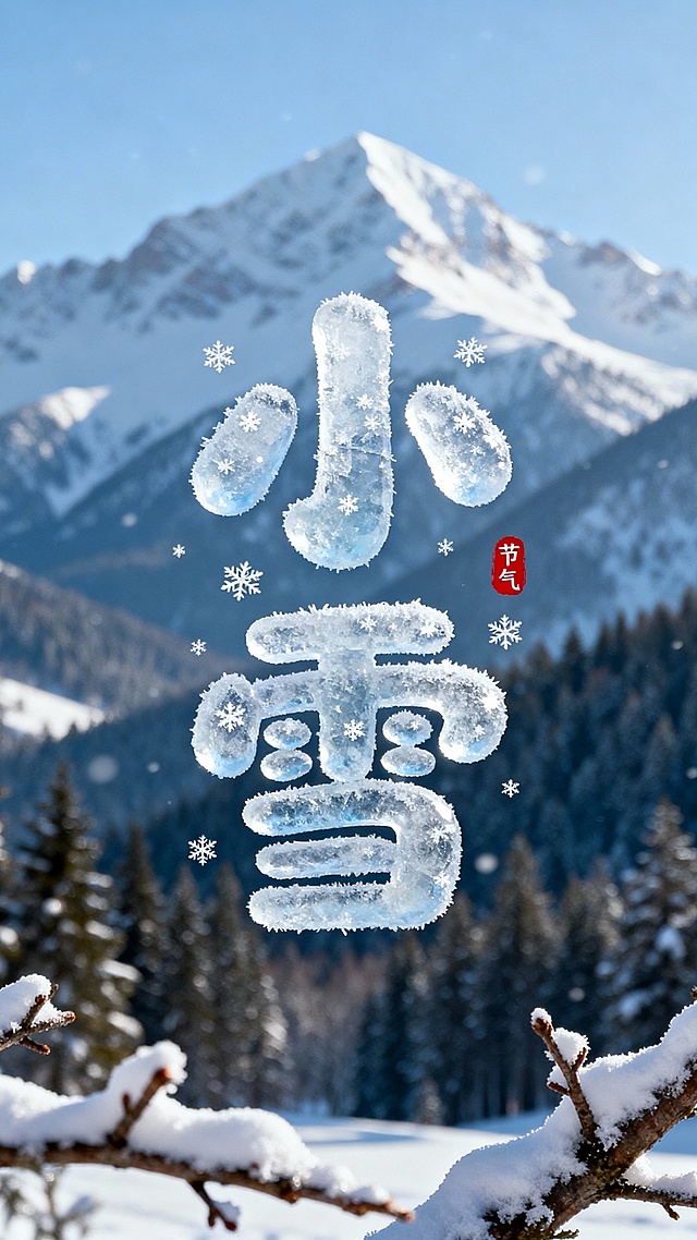 冰晶肌理风大字“小雪”悬浮于雪山实景，清透感与光影交织，重拟物设计凸显静谧中式意境，节气氛围浓厚。