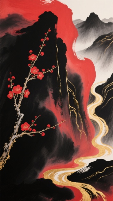 中国风抽象水墨画风格，整体采用深邃墨黑与朱砂红为主色调，搭配金色线条点缀，画面左侧一枝红梅斜出，枝干苍劲有力，枝头红梅绽放，右侧以流动的墨黑色与朱砂红色渐变纹理模拟山水形态，金色细线条如流水般穿插其中，营造出宁静悠远又不失典雅的东方意境，色彩变换为墨黑、朱砂红与金色的和谐搭配，保持原有的流体渐变质感和写意笔触，构图保持左侧主体花枝与右侧抽象山水的平衡布局，整体色调沉稳大气，富有层次感和艺术张力。预览效果