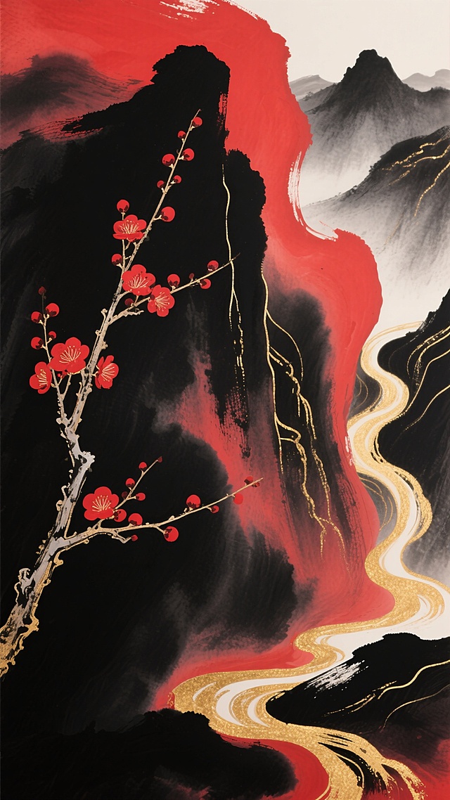 中国风抽象水墨画风格，整体采用深邃墨黑与朱砂红为主色调，搭配金色线条点缀，画面左侧一枝红梅斜出，枝干苍劲有力，枝头红梅绽放，右侧以流动的墨黑色与朱砂红色渐变纹理模拟山水形态，金色细线条如流水般穿插其中，营造出宁静悠远又不失典雅的东方意境，色彩变换为墨黑、朱砂红与金色的和谐搭配，保持原有的流体渐变质感和写意笔触，构图保持左侧主体花枝与右侧抽象山水的平衡布局，整体色调沉稳大气，富有层次感和艺术张力。