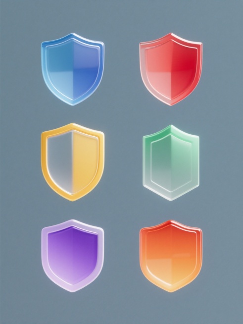 6个简约现代风格的护盾元素图标规整排布，每个护盾造型独特，采用不同配色方案（如蓝色、红色、绿色、黄色、紫色、橙色等）和各异材质表现（如光滑玻璃质感、磨砂金属质感、半透明塑料质感、哑光陶瓷质感、高光漆面质感、渐变果冻质感），整体设计简洁流畅，纯色背景，无任何文字、logo及水印。预览效果