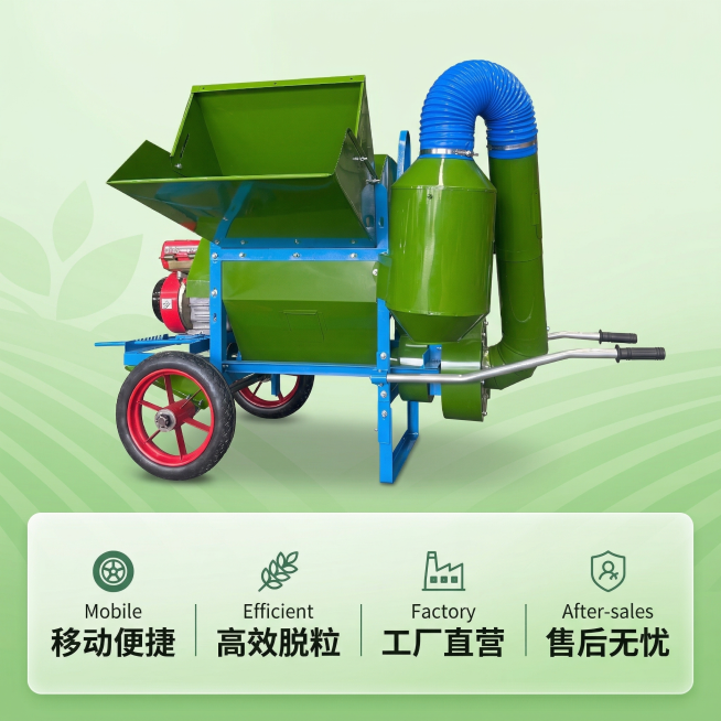 基于提供的原图，油菜脱粒机产品外观必须和原图完全一致，生成第五张淘宝主图，采用服务承诺和核心参数排版，产品主体放置在画面偏上方，下方使用半透明悬浮条罗列核心参数和服务卖点："移动便捷|高效脱粒|工厂直预览效果