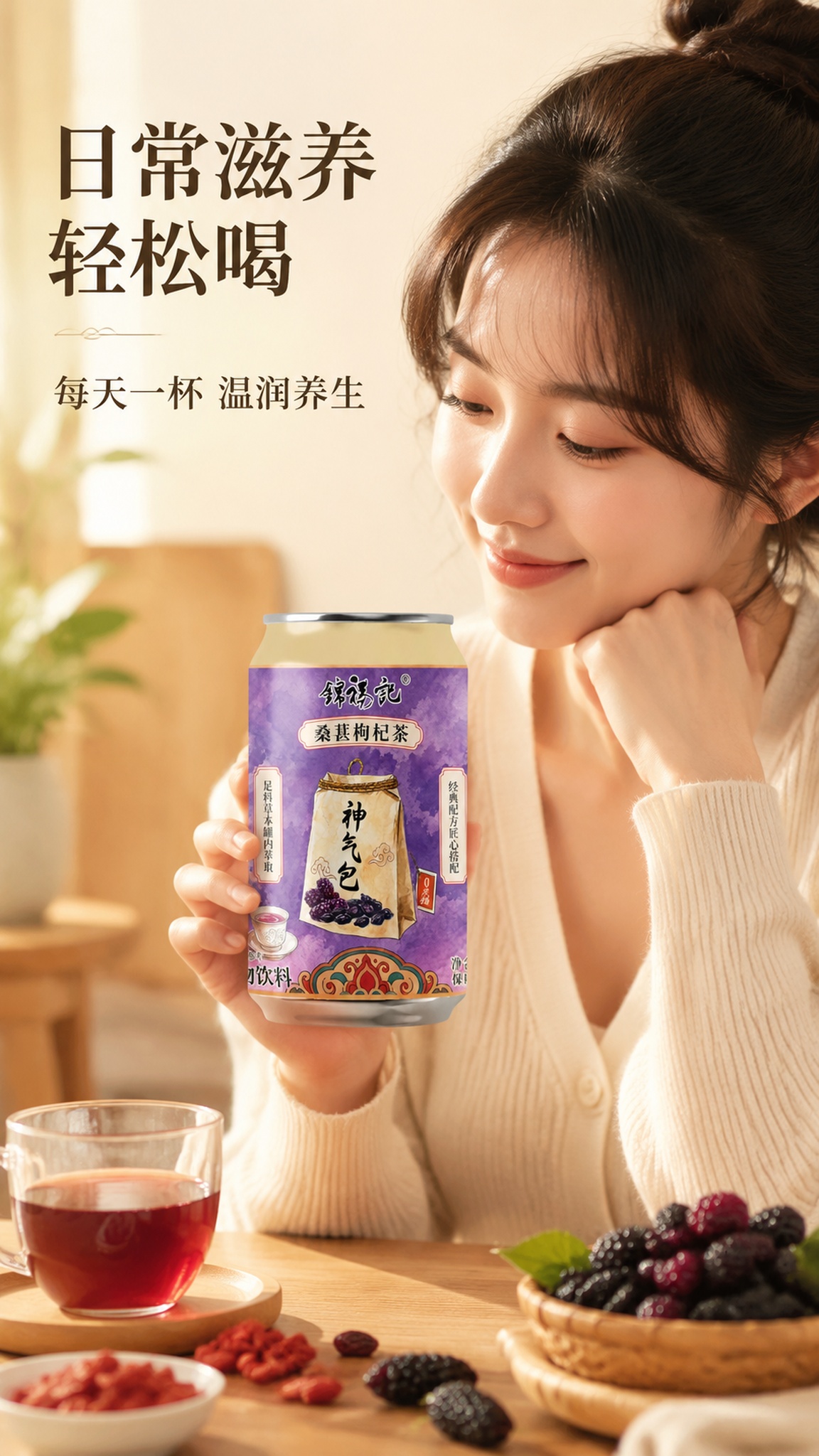 [第5屏] 模特展示屏-桑葚枸杞茶日常养生场景分享。本屏使用【… - 图片创意预览