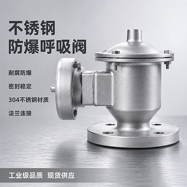 [主图-1] 不锈钢呼吸阀产品首图，展示专业工业五金阀门产品。[氛围风格] 专业硬核工业风，突出产品质感和品质感。[画质] 商业摄影质感，产品清晰真实，画面干净高级，金属纹理锐利。[元素] 保持不锈钢呼吸阀外观、物理结构、材质质感、颜色与输入产品图绝对一致，杜绝任何变形和色差，精细化处理。产品主体微倾悬浮在浅灰色金属工作台面上，占画面比例约70%，整体构图偏满，左侧放置文案区域。金属喷砂纹理清晰可见，法兰底座和侧出口结构完整展示。画面满屏无边框，左上角留安全边距放品牌占位。[光影] 主光从左侧45°打来，金属边缘形成清晰高光，突出喷砂质感，背景浅灰渐变，明暗层次分明，没有杂乱阴影。[配色] 主色调为不锈钢银灰色，背景浅灰色，文字深灰色。[视角构图] 平视45°斜视角，产品主体居中偏右，景深适中，产品轮廓完整不裁切。[文字版式] 左侧负空间左对齐留安全边距，大字主文案"不锈钢防爆呼吸阀"，深灰色粗体无衬线，字号最大；下方依次排列四个卖点短句"耐腐防爆" "密封稳定" "304不锈钢材质" "法兰连接"，每个卖点字号缩小一半，同样深灰色，行间距均匀。底部加一整条浅灰色底卖点条，放置服务文案"工业级品质 现货供应"，白字左对齐。文字不遮挡产品主体，清晰可读。[比例分辨率] 1:1 比例，2048*2048 分辨率，文字清晰锐利，超高清。[负向提示词] 变形，文字错乱，产品图模糊，背景杂乱，水印，电商平台Logo，廉价感。