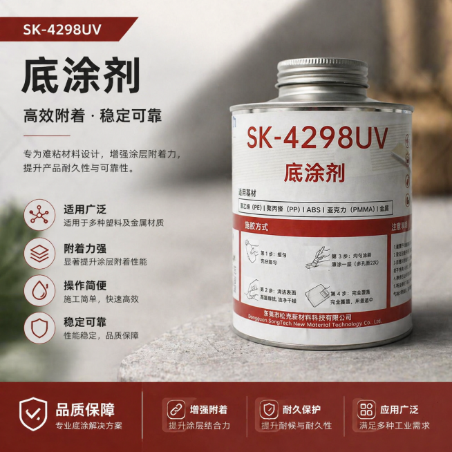 重新制作商业海报，包含该SK-4298UV底涂剂商品，添加精简的信息图元素，使用高质感配色，采用f/2.8光圈拍摄效果，打造柔和景深，照片写实风格，无畸变预览效果