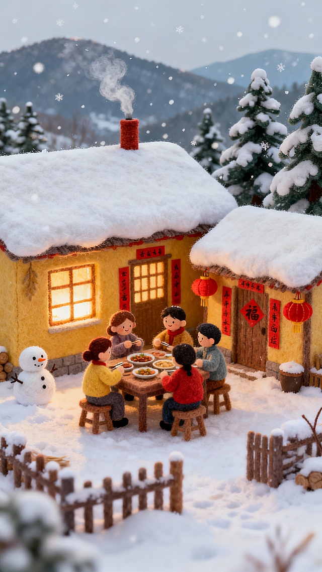 羊毛毡风格，房屋烟囱冒着一丝烟，窗户上暖暖的灯光，，院内是一家人围着饭桌池年夜饭，屋顶白白厚厚的雪，屋外的小雪人，屋檐下挂着红红的灯笼和春联，远处连绵起伏的山，松树上挂着厚厚的白雪，空中飘着雪花，宛如一个童话世界