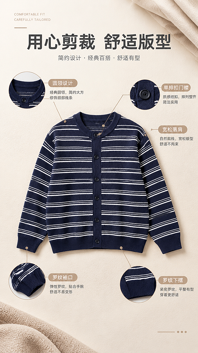 [商品] 使用【图1】藏青白条纹圆领针织开衫；商品处理：保留圆领、单排黑色纽扣、藏青底白横条纹、长袖、宽松版型、针织面料；自然去除衣身杂乱褶皱，理顺垂坠，增强针织纹理、缝线和纽扣质感，不改变版型、颜色和结构。
[画面] 目标：版型解析页，展示结构设计卖点。构图：正面平铺开衫为主视觉，从圆领、纽扣门襟、袖口、下摆、肩线处引出细线标签，标注版型特点，背景为浅米白色带细腻纹理，搭配折叠布料装饰。
[视觉] 套系策略：风格=韩系简约高级商业摄影；标题字=现代无衬线粗体；正文字=简洁无衬线体；主色=藏青+米白；背景延展=基于米白、浅卡其做深浅层级、同色渐变和细腻织物/纸张质感；强调色=奶咖色，仅用于小面积图标、引线和标签；标题色=深炭灰；正文色=中暖灰；组件=圆角浅底信息卡、细线引线；光影=左前侧暖柔光。
[文字] 顶部主标题"用心剪裁 舒适版型"，引线标注5处卖点：圆领设计、单排扣门襟、宽松落肩、罗纹袖口、罗纹下摆，文字横排，不遮挡产品主体。
[规格] 图片比例9:16竖版，2K分辨率，避免变形、错字、文字过小、冷蓝背景、衣服颜色改变、版型失真、极限词。