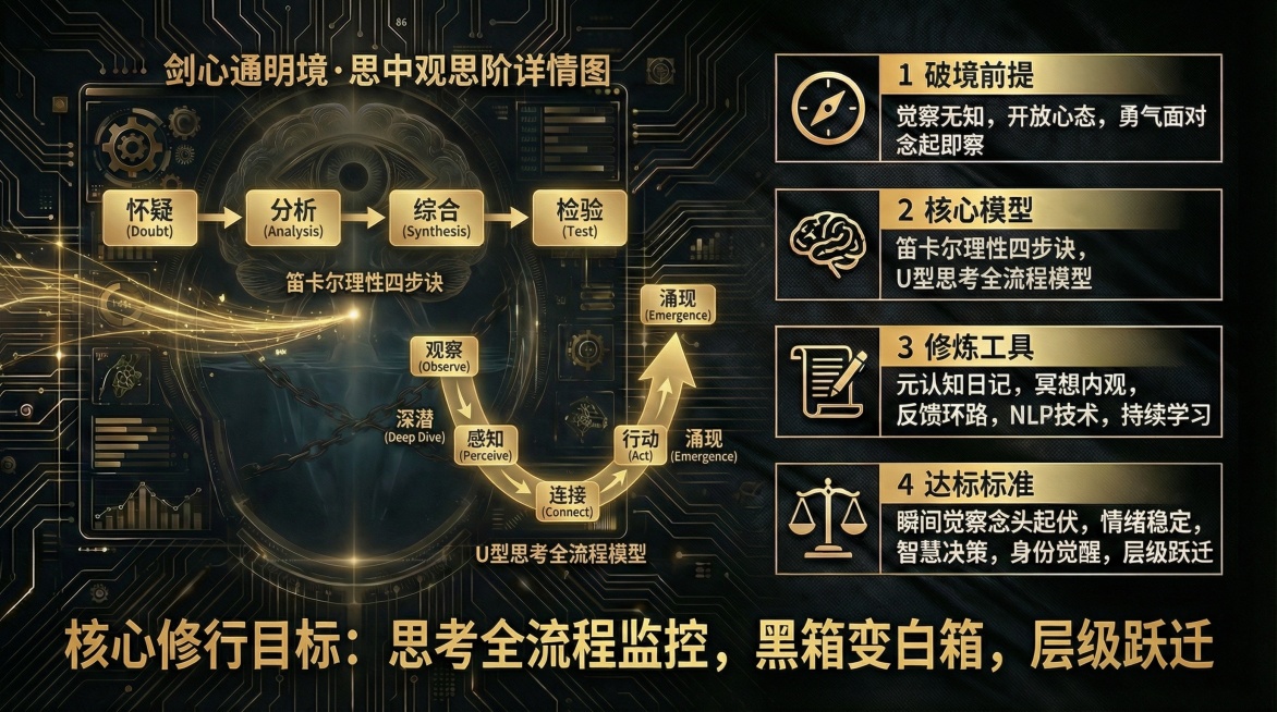 参考图1的黑金科技风格，生成16:9尺寸的剑心通明境·思中观思阶详情图，画面左侧呈现笛卡尔理性四步诀与U型思考全流程模型的可视化图形，右侧分模块排版破境前提、核心模型、修炼工具、达标标准等文字内容，突预览效果