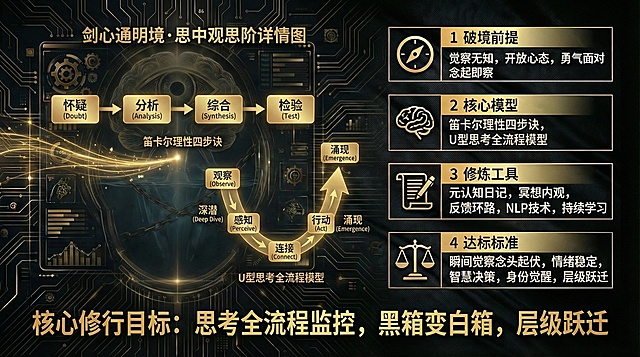 参考图1的黑金科技风格，生成16:9尺寸的剑心通明境·思中观思阶详情图，画面左侧呈现笛卡尔理性四步诀与U型思考全流程模型的可视化图形，右侧分模块排版破境前提、核心模型、修炼工具、达标标准等文字内容，突出思考全流程监控、黑箱变白箱的核心修行目标