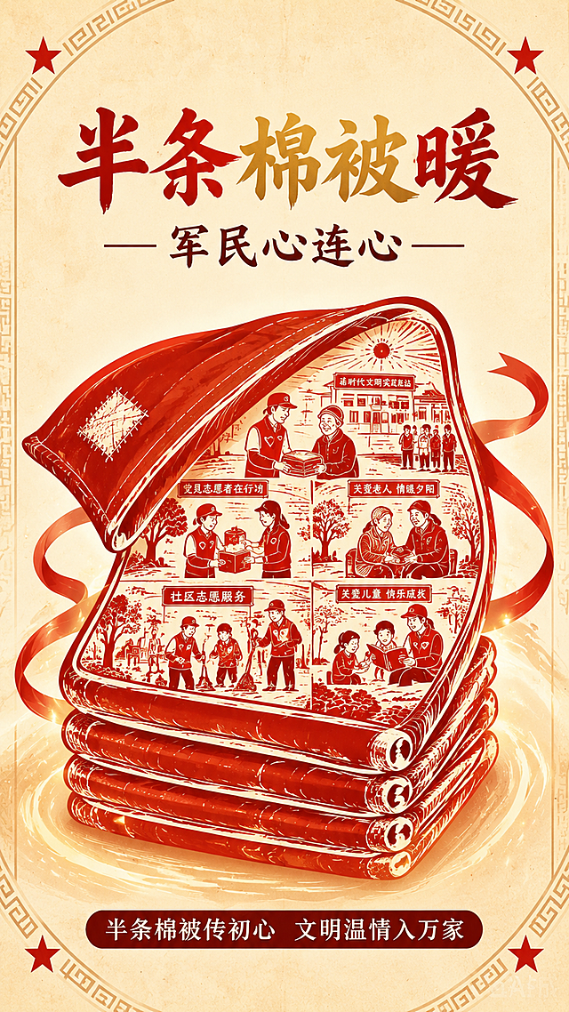 红色公益广告海报，国风插画风格，参考图的版式骨架和配色体系保持一致。画面主体是一叠叠放整齐的红军棉被，其中半条棉被的意象突出，以红色剪纸版画风格呈现，棉被上有补丁和针线细节，体现军民鱼水情。棉被内部及周围嵌入新时代文明实践场景：党员志愿者送温暖、帮扶困难群众、社区志愿服务、关爱老人儿童等画面，人物为红色剪影风格，呼应半条棉被的为民初心。旁边有飘动的红绸带。背景为米黄色做旧纸张质感，四周有回纹边框装饰，点缀红色五角星和暖光。顶部主标题大字为「半条棉被暖」，副标题为「军民心连心」，字体为书法风格，红金配色。底部有深红色圆角矩形底栏，内有白色文字「半条棉被传初心 文明温情入万家」。整体色调为米黄、朱红、金色，庄重温暖，与参考图风格完全统一。画面中所有文字必须清晰可读，排版精美，四周留足安全边距。
