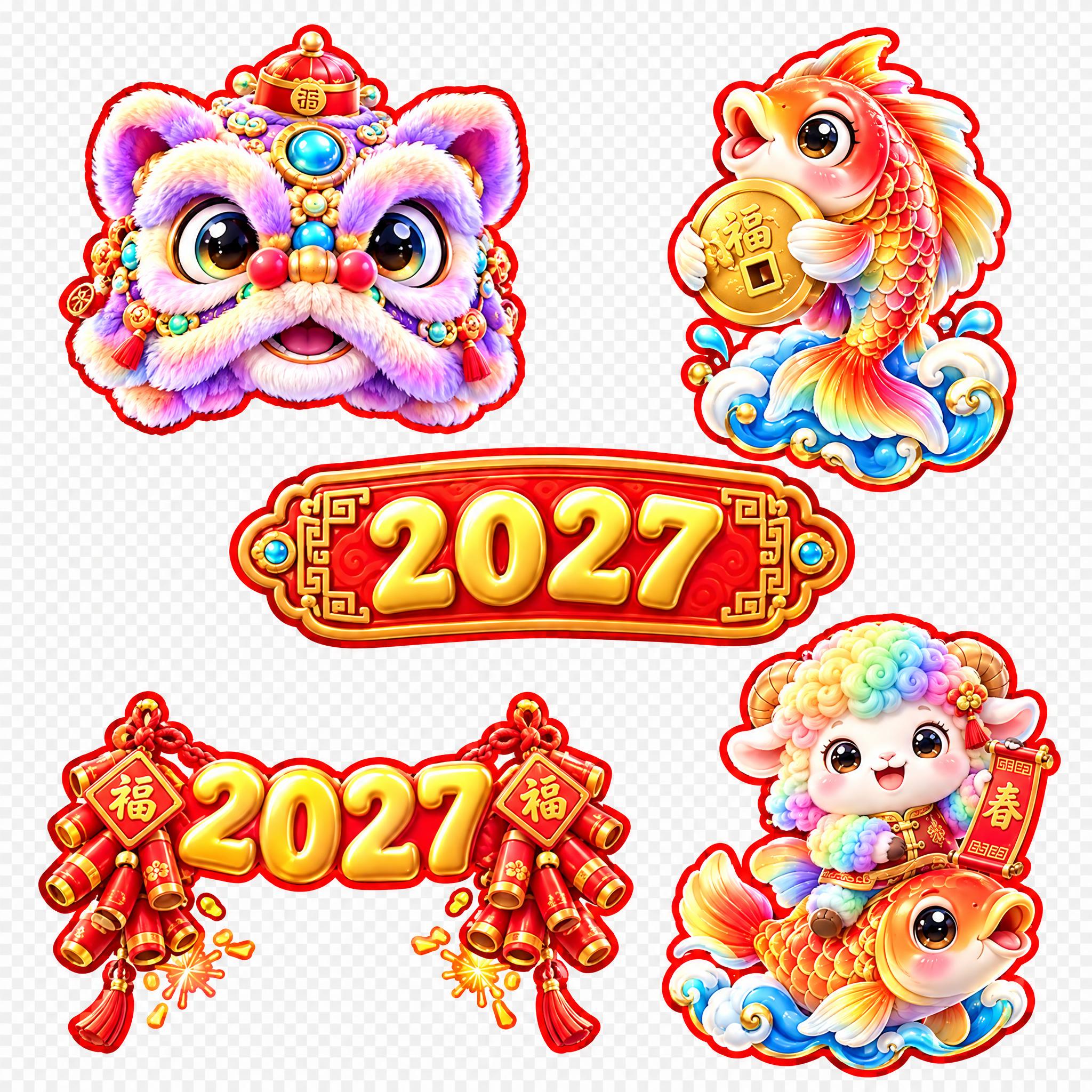 参考图中的5个春节装饰元素风格，生成一套完全全新设计的2027… - 图片创意预览