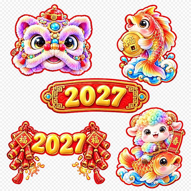 参考图中的5个春节装饰元素风格，生成一套完全全新设计的2027羊年春节装饰元素（与之前所有版本都不同，彻底重新设计），包含：1. 龙头帽醒狮（国潮3D卡通风格，毛绒质感，紫金渐变配色，红边描边，头顶戴小官帽，面部造型圆润可爱，全新设计）；2. 锦鲤抱铜钱（橙红渐变锦鲤，怀抱金色大铜钱，脚下踩浪花，红边描边，锦鲤呈侧身游动姿态，替换原扇子元素）；3. 2027春联横批（长方形红色底，金色立体2027数字，两侧有金色回纹边框，红边描边，替换原弧形牌匾和灯笼造型）；4. 2027鞭炮装饰字（左右两侧红色鞭炮串装饰，金色2027数字，卡通风格，鞭炮带金色福字，替换原花朵和云朵装饰）；5. 骑鲤鱼的彩虹小羊（彩虹渐变羊毛，骑在金色大鲤鱼背上，手持小春联，表情开心，红边描边，替换原抱元宝和抱红包造型）。所有元素保持统一的3D卡通国潮膨胀风，色彩鲜艳饱满，边缘有红色描边，透明背景，元素独立清晰，每个元素都是全新的造型创意，与参考图和之前生成的所有版本都有显著区别。