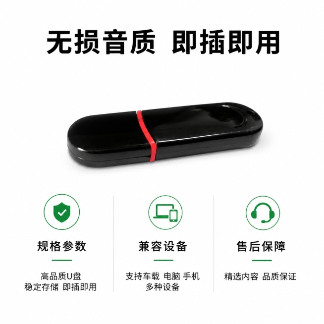 [主图-5] 疗愈音乐U盘规格与售后信息收口；[氛围风格] 简洁干净专业；[画质] 商业摄影质感、光线柔和通透、产品清晰真实、画面干净高级；[元素] 上方展示U盘产品，下方分三列展示核心参数与售后信息预览效果