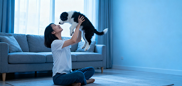 家里客厅背景，冷色调偏蓝白色彩，女主人坐在地上，双手举起边牧幼犬，抬头看狗狗亲热互动，人和狗狗居画面左侧，右侧留白，与房间留有间隙