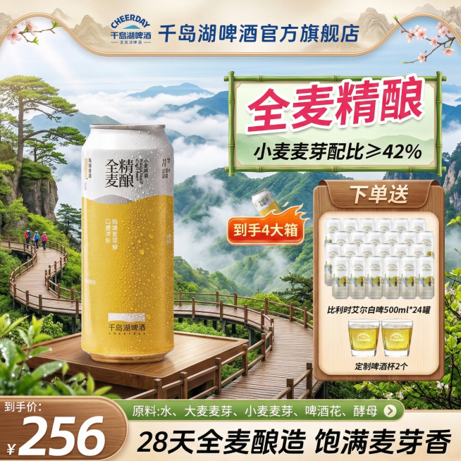 将背景替换为春日山间栈道场景，有蜿蜒的木质栈道、青山云雾和迎客松，保持千岛湖全麦精酿啤酒产品和核心促销信息不变，排版自由发挥预览效果