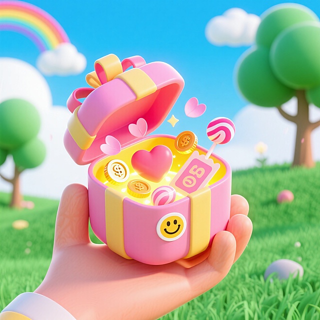 一只手拿着粉色礼物盒，捆绑彩带，盖子打开状态，盒子里发出黄色辉光，爆出(桃心，金币，粉色花瓣，优惠券、糖果)大元素；笑脸贴纸等潮流贴纸贴在盒子上，背景是绿草、蓝天、白云、树，卡通风格化，蓝白色渐变的背景，彩虹，大师级构图，创意构图，潮流，趣味，多巴胺配色，撞色，暖色光源