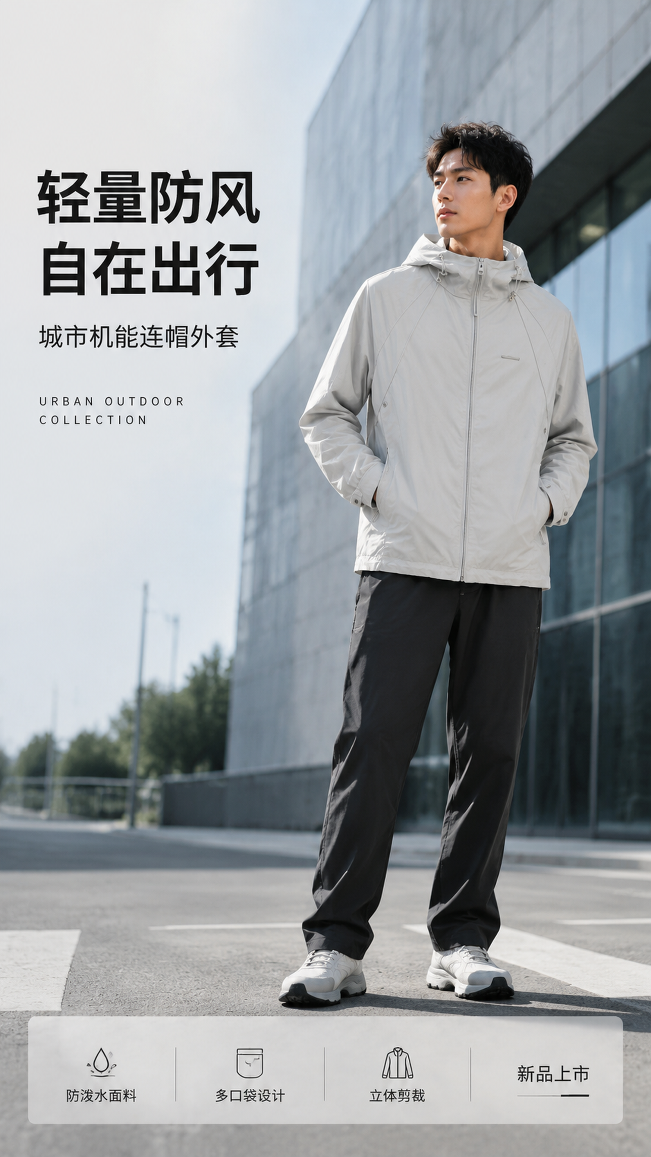[第1张] 详情页头图-浅灰色机能风连帽防风外套户外模特功能海… - 图片创意预览