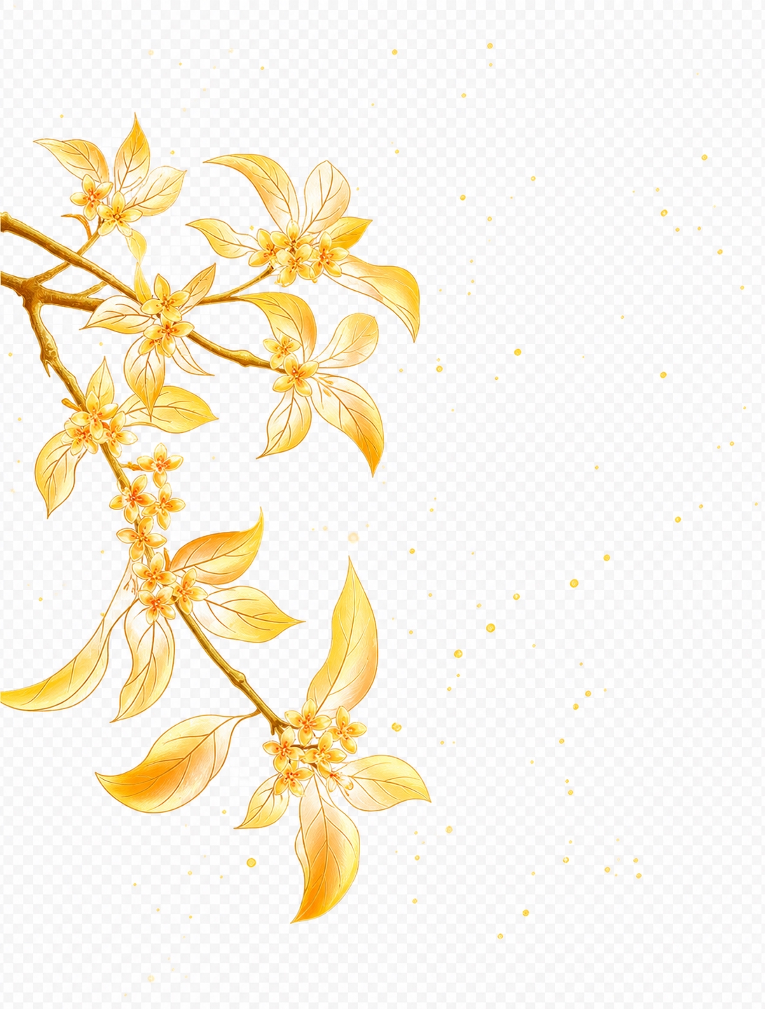参考图中的国风手绘桂花枝风格，重新生成画面内容：金色桂花枝条从… - 图片创意预览