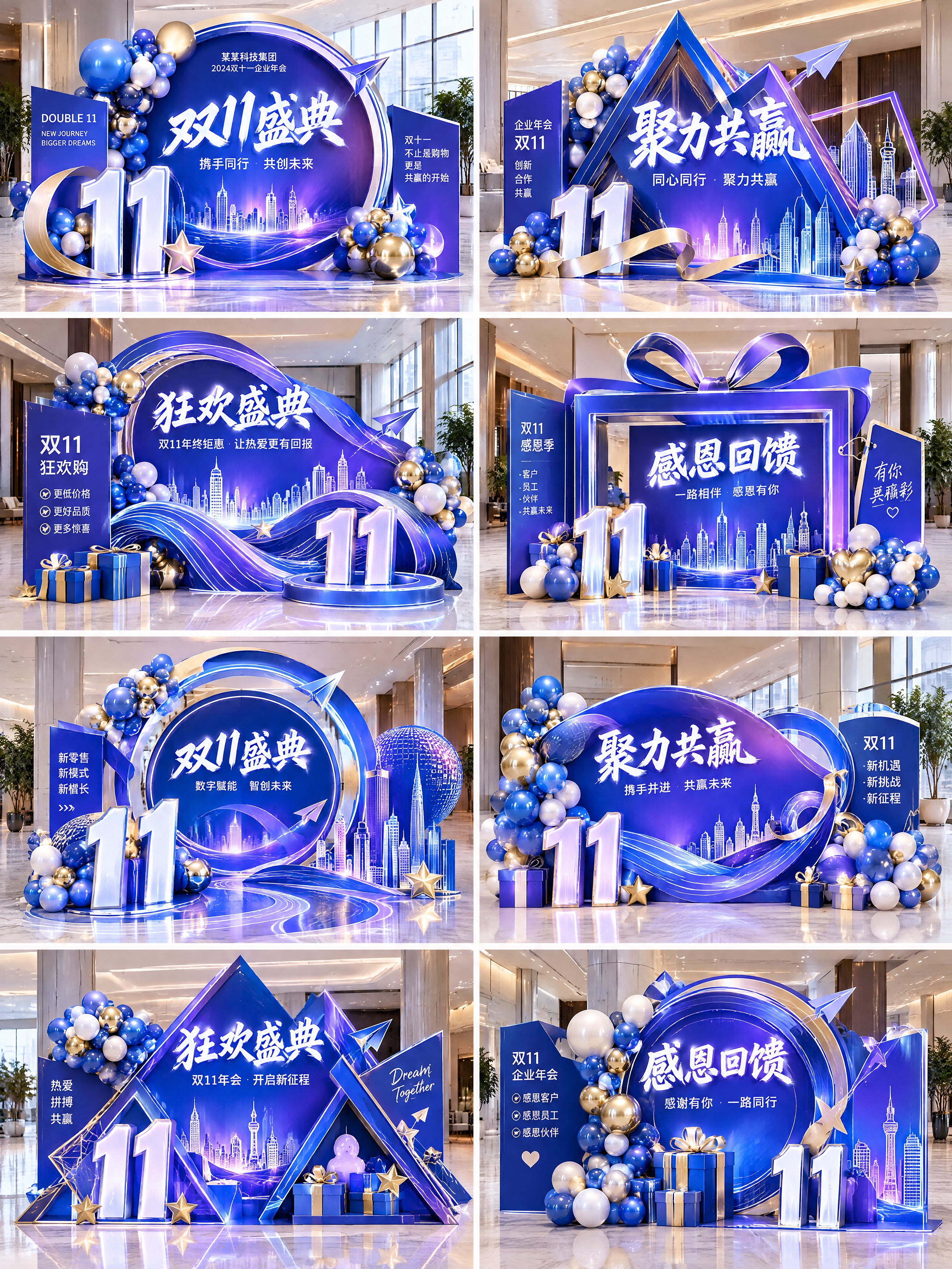 双11企业促销年会美陈合影区设计，共8组不同造型，现代商务风格… - 图片创意预览
