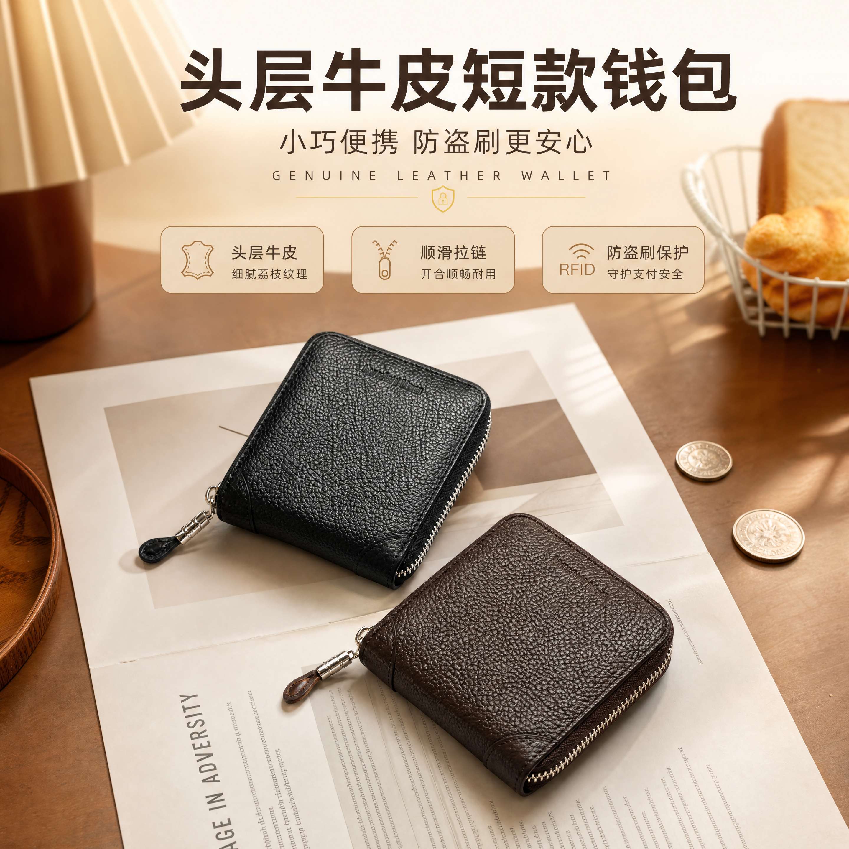 [商品] 使用【图2】黑色和啡色两款短款拉链钱包同框；商品处理… - 图片创意预览