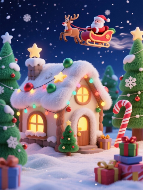 一座以圣诞为造型的小屋，屋顶积雪，装饰有星星、圣诞球和彩灯，门口还摆放着一棵迷你圣诞树，屋内透出暖黄色灯光，周围有几棵装饰着雪花、星星的绿色圣诞树，巨型拐杖糖、堆叠的礼物盒点缀，圣诞老人坐车麋鹿车在天预览效果