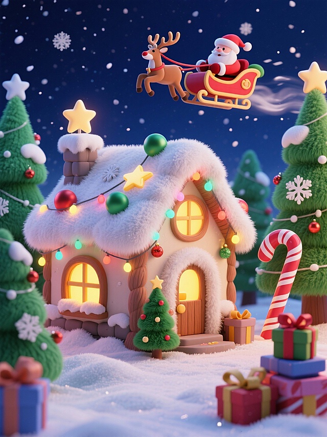 软3D风格圣诞夜景，一座以圣诞为造型的小屋，屋顶积雪，装饰有星星、圣诞球和彩灯，门口还摆放着一棵迷你圣诞树，屋内透出暖黄色灯光，周围有几棵装饰着雪花、星星的绿色圣诞树，巨型拐杖糖、堆叠的礼物盒点缀，圣诞老人坐车麋鹿车在天空中穿梭，背景是深蓝色夜空飘着雪花。