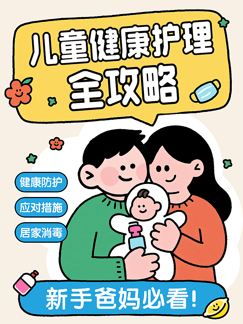 黄色卡通风趣儿童健康护理攻略新手爸妈教程小红书封面