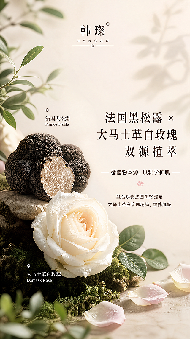 [第2屏修改] 植萃理念宣传屏，韩璨黑松露玫瑰抗皱系列双源植萃理念展示。
[氛围/风格] 自然高级森系风，浅景深朦胧质感，通透干净的美妆设计风格，艺术氛围感浓。
[元素布局] 左侧展示完整法国黑松露实物和一朵盛开大马士革白玫瑰，右侧为品牌理念文字区，背景用浅米色渐变叠加朦胧绿植阴影，保留自然纹理质感。产品品牌logo放在画面顶部居中位置，整体元素分层不遮挡。保持自然高级的留白，主体元素占据画面约70%区域。明确标注产地：法国黑松露，大马士革白玫瑰。
[光影质感] 左侧自然侧光打亮黑松露和玫瑰纹理，右侧文字区光线均匀柔和，整体低反差通透光影，营造高级植萃感。
[配色色系] 全局底色：#F8F2EB（米白）；主体配色：#2C3E24（深绿植物）+#F3C8D0（香槟粉）+#4D3930（深棕）；文字配色为深棕色。
[视角构图] 左物右文不对称构图，竖版9:16，符合抖音快手移动端阅读习惯，从上到下阅读动线清晰。
[文字版式] 顶部品牌logo「韩璨」，下方大标题「法国黑松露 × 大马士革白玫瑰双源植萃」，再下方副标题「循植物本源，以科学护肌」。大标题加粗深棕色，字号占画面宽度10%，副标题字号约为大标题一半，居中对齐文字。下方补充短句「融合珍贵法国黑松露与大马士革白玫瑰精粹，奢养肌肤」。所有文字不遮挡主体自然元素。
[比例分辨率] 9:16竖版比例，4K分辨率，文字清晰可辨。
[负向提示词] 元素重叠遮挡，文字模糊不清，颜色突兀，背景杂乱，违规夸大用词，产品变形。
