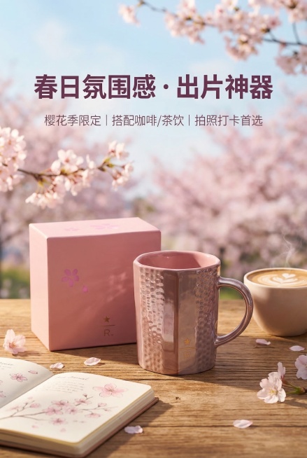 2:3竖版，严格还原上传的星巴克臻选樱花锤纹马克杯产品图，包括包装设计、颜色、LOGO位置、文字内容、图案元素等所有细节，产品外观必须与参考图完全一致，不得改变包装设计、配色方案或品牌元素，保持产品的预览效果