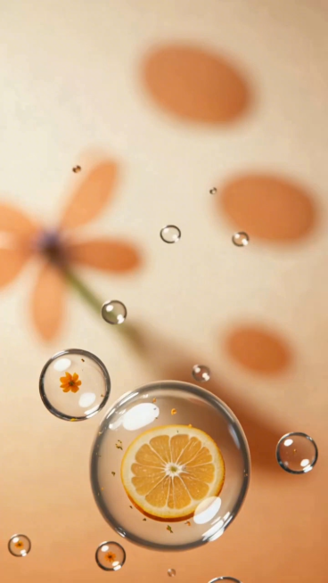 大小错落的透明气泡，以极舒缓、匀速速度缓慢漂浮、轻微上下浮动，气泡表面光线折射随漂浮有柔和动态变化；背景为暖橙-柔白渐变，浅橙花影有极缓慢明暗呼吸变化；整体光影柔和均匀，无强烈对比；轻微真实拍摄呼吸感预览效果