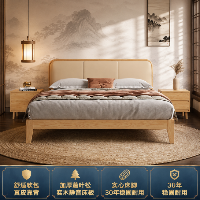 「图片1」，生成一套主图（5张），商品名称是白蜡木真皮软靠床，卖点用蓝底金字放在图片下方，舒适软包床头靠背真皮制作，2cm加厚落叶松实木静音床板，实心床脚，30年稳固耐用。换成国潮新中式装修风格卧室背预览效果