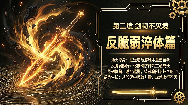 参考图1的黑金科技修仙风格，生成16:9尺寸的第二境剑韧不灭境详情图，画面左侧呈现本命剑在劫火中淬炼、剑身愈发坚韧的视觉效果，右侧排版“第二境 剑韧不灭境·反脆弱淬体篇”及大境界总旨文字内容，突出劫火淬身逆势生长的修行主旨