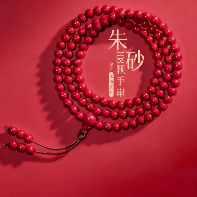 完全去除图片左上角的庆祥泰LOGO，完全去除图片底部的官方正品和不是真朱砂赔你一万元文字区域，修复好去除后的背景，保持和原有红色背景一致，保留朱砂108颗手串主体和中间的朱砂文字内容，保持整体色调统一预览效果