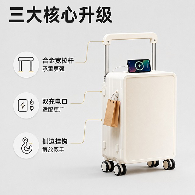 [主图-3] 拉杆箱核心卖点标注展示图，氛围风格为简约干净背景，突出产品卖点，保持整体质感统一，画质要求商业摄影质感、光线均匀通透、产品清晰真实、画面干净高级，奶白色竖款拉杆箱居中放置浅灰色纯色背景，箱体略偏右侧，主体占比约65%。保持拉杆箱外观、结构、颜色与原图一致，精细化处理无变形。分别用引线标注合金宽拉杆、USB/Type-c双充电口、侧挂勾三个核心卖点位置。均匀柔和影棚光，清晰呈现箱体和标注细节，无死黑阴影。浅灰底为主，标注文字黑色，引线浅金色，对比清晰。平视正视角，箱体居中，预留左侧文案区域。左侧纵向排列三组卖点，每组图标+文字：图标+文字「合金宽拉杆 承重更强」，图标+文字「双充电口 适配更广」，图标+文字「侧边挂钩 解放双手」，文字左对齐，清晰易读不遮挡箱体。顶部主标题“三大核心升级”大字粗黑。比例为1:1，文字清晰锐利，画面超高清。负向内容：变形，文字错乱，产品图模糊，背景杂乱，水印，电商平台Logo
