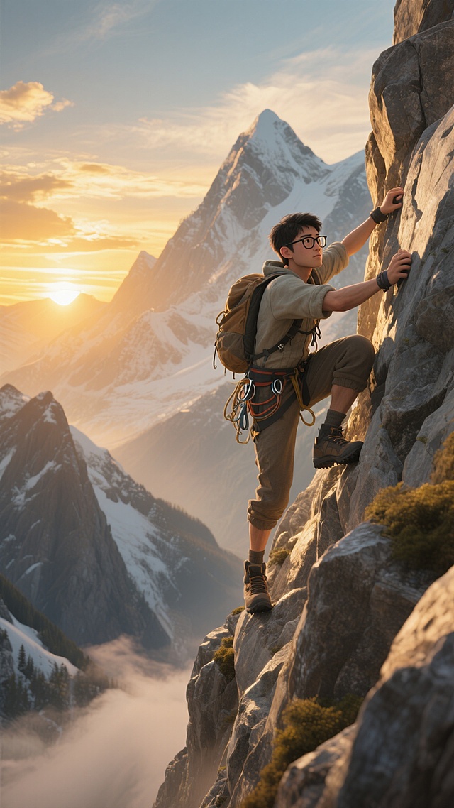 3D风实景感励志攀登，光影交织虚拟现实山巅。