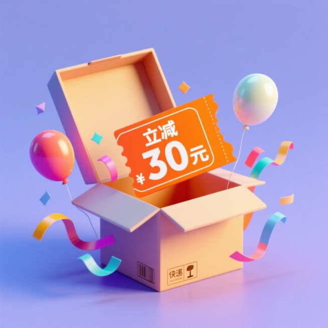 一个快递盒子里有跳出的撞色“立减 30 元” 的橙色优惠券，周围有彩带、气球相关的促销装饰元素。预览效果