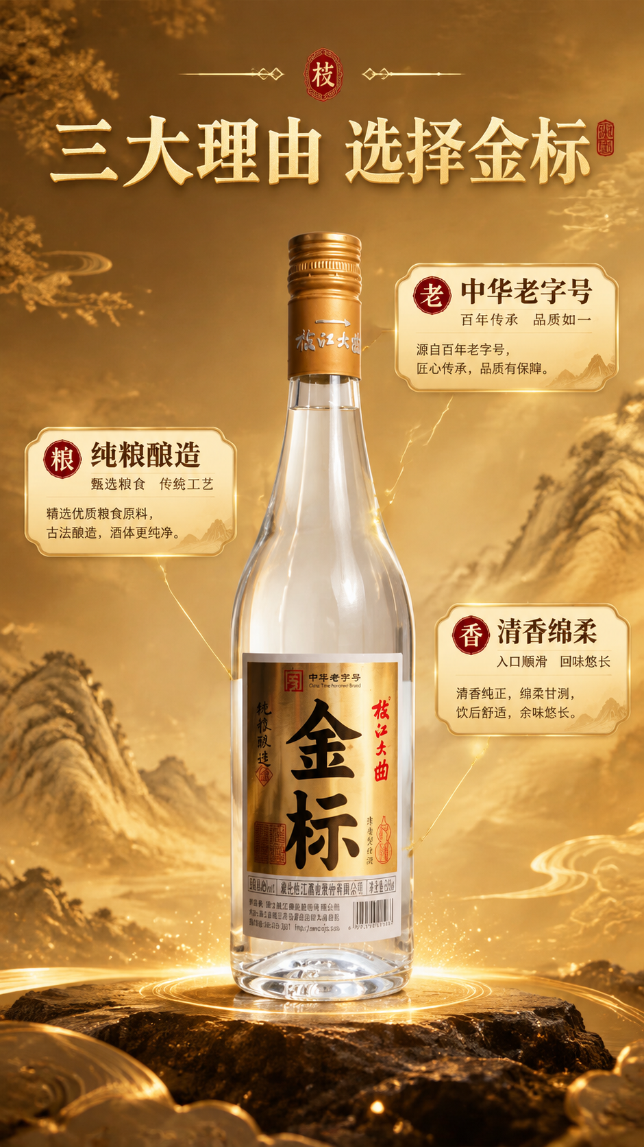 [商品] 使用【图1】枝江大曲金标白酒；保留透明玻璃瓶身、金色… - 图片创意预览