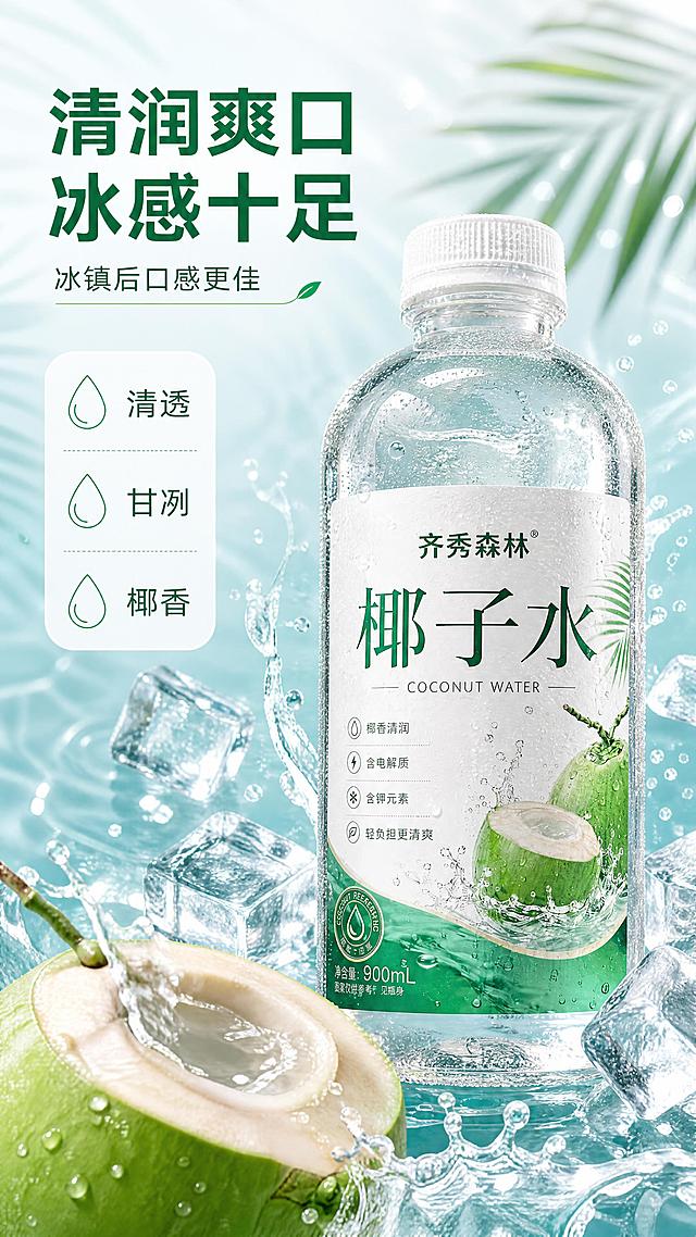 [商品] 使用【图1】齐秀森林椰子水产品图；保留透明瓶身、白色瓶盖、所有标签文字与图案，瓶身形状与标签内容完全不变；商品处理：去除手持的手和车内背景，瓶身修复为干净完整状态，瓶身表面增加细腻冷凝水珠增强冰感。
[画面] 目标为口感质地特写，冰感清爽型；产品居中偏右，占画面约50%；周围环绕透明冰块、飞溅的椰汁水花、细密的冷凝水珠，前景有一块切开的椰青浸入水中溅起水花；背景是浅蓝绿渐变的水波纹，营造清凉透彻的视觉感受；景别为中近景，突出冰爽质感。
[视觉] 套系策略：风格=清爽干净的食品饮料商业摄影风；标题字=现代无衬线粗体，圆润清爽；正文字=简洁无衬线体；主色=椰青绿+纯净白；背景延展=基于白绿做浅渐变、水波纹质感和椰叶剪影层次；强调色=清透薄荷绿，仅用于小面积图标、引线和标签；标题色=深椰青绿；正文色=中灰绿；组件=圆角白底信息卡、细线水滴图标；光影=侧逆光勾勒瓶身和冰块轮廓，通透有层次。
[文字] 左上放主标题"清润爽口 冰感十足"，副标题"冰镇后口感更佳"；下方3个短句口感词："清透""甘冽""椰香"；文字不遮挡瓶身主体和水花核心视觉，所有文字横向排版，字号保证手机端清晰可读。
[规格] 图片比例9:16竖版，4K，负向提示：避免液体浑浊、冰块不真实、水花虚假、颜色发黄、瓶身变形、标签文字模糊。