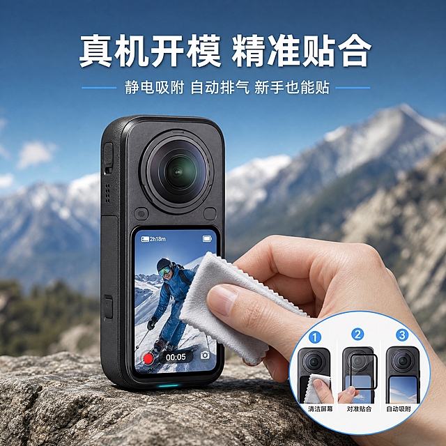 [主图-4] 真实使用场景与操作体验图，展示带黑边钢化膜的安装贴合过程和真机开模精准适配，让用户理解产品如何使用。钢化膜四周有黑色边框，与屏幕边缘完美贴合。
[统一基调] 天猫专业品质科技感风格，冷灰蓝色调为主，白色主标题字，蓝色强调色，无衬线粗体字体，圆角卡片组件，整体干净高级。
[画面] 画面展示户外场景中的使用状态：一个户外岩石平台上放置着影石Insta360 X6运动相机，相机已贴好带黑边的钢化膜，黑色边框与屏幕边缘严丝合缝，屏幕显示正在录制的户外滑雪/极限运动画面。相机旁有一只手正在用擦拭布轻擦屏幕，体现日常使用和清洁便利性。背景是虚化的户外山景蓝天，营造运动相机的使用场景氛围。画面右下角有一个圆形小插图，展示贴膜步骤的简化示意：1.清洁屏幕 2.对准贴合 3.自动吸附，图中的膜清晰带有黑色边框。产品占画面约55%。
[光影质感] 自然光效，户外明亮光线，产品与场景自然融合，屏幕反光真实，钢化膜黑边清晰，几乎隐形。手部动作自然，擦拭布质感柔软。
[配色] 户外蓝天山景自然色调为主，产品保持冷灰科技感，标题文字白色加粗带轻微阴影以保证可读性。
[文字版式] 画面上方居中大标题"真机开模 精准贴合"，副标题"静电吸附 自动排气 新手也能贴"。右下角圆形步骤图标配简短文字说明。文字放在画面上部安全区，不遮挡产品核心部位。
[输出要求] 1:1正方形，2048x2048，2K分辨率。场景真实自然，产品融入感强，手部动作正常，钢化膜黑色边框清晰。负向：产品变形、手指畸形、穿模、错字、模糊、水印、平台Logo、钢化膜无边框。