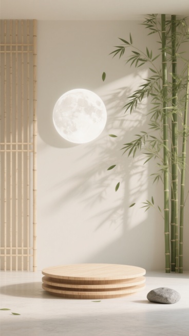 新中式背景，3D渲染风格，柔和自然光从左上方照射，浅米色墙面，左侧竖立排列的浅色竹制屏风，右侧高大的翠竹与散落的竹叶，墙上投射出竹子的斑驳阴影，背景中悬挂一轮朦胧的白色圆月，地面中央放置一个圆形浅色实木展台，台面有自然木纹，底部有整齐的层叠结构，右下角地面点缀一块灰色鹅卵石，整体营造出宁静、雅致、禅意的东方美学氛围，极简构图，色彩以米白、浅木色、竹绿为主，光影过渡自然柔和，空间感通透，具有高度……预览效果
