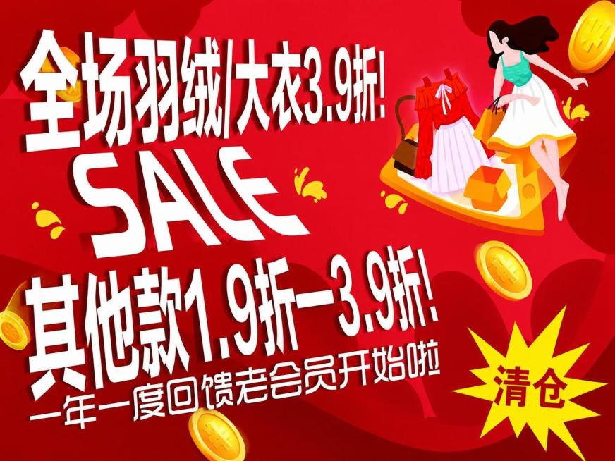 将图片处理成高清，保留全部促销文案和画面内容：全场羽绒/大衣3.9折! SALE 其他款1.9折一3.9折! 一年一度回馈老会员开始啦 清仓，红色背景，购物女性和服饰，金币装饰元素，提升清晰度和画质，预览效果