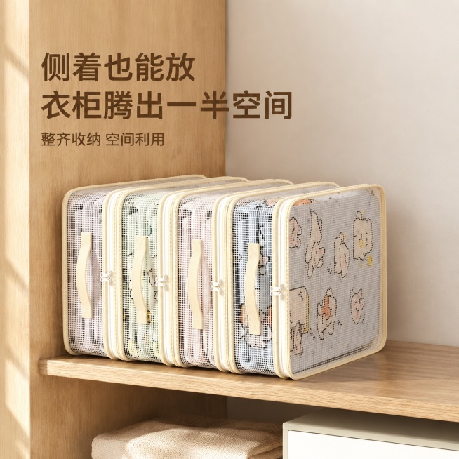 「图片1」「图片1」「图片1」「图片1」，生成一套主图（4张），商品名称是四件套收纳袋，卖点是收纳神器，硬挺有型，可视化，防尘防潮，加大设计，无异味，适配抖音平台，主图比例为1:1按照我的图片进行生成预览效果