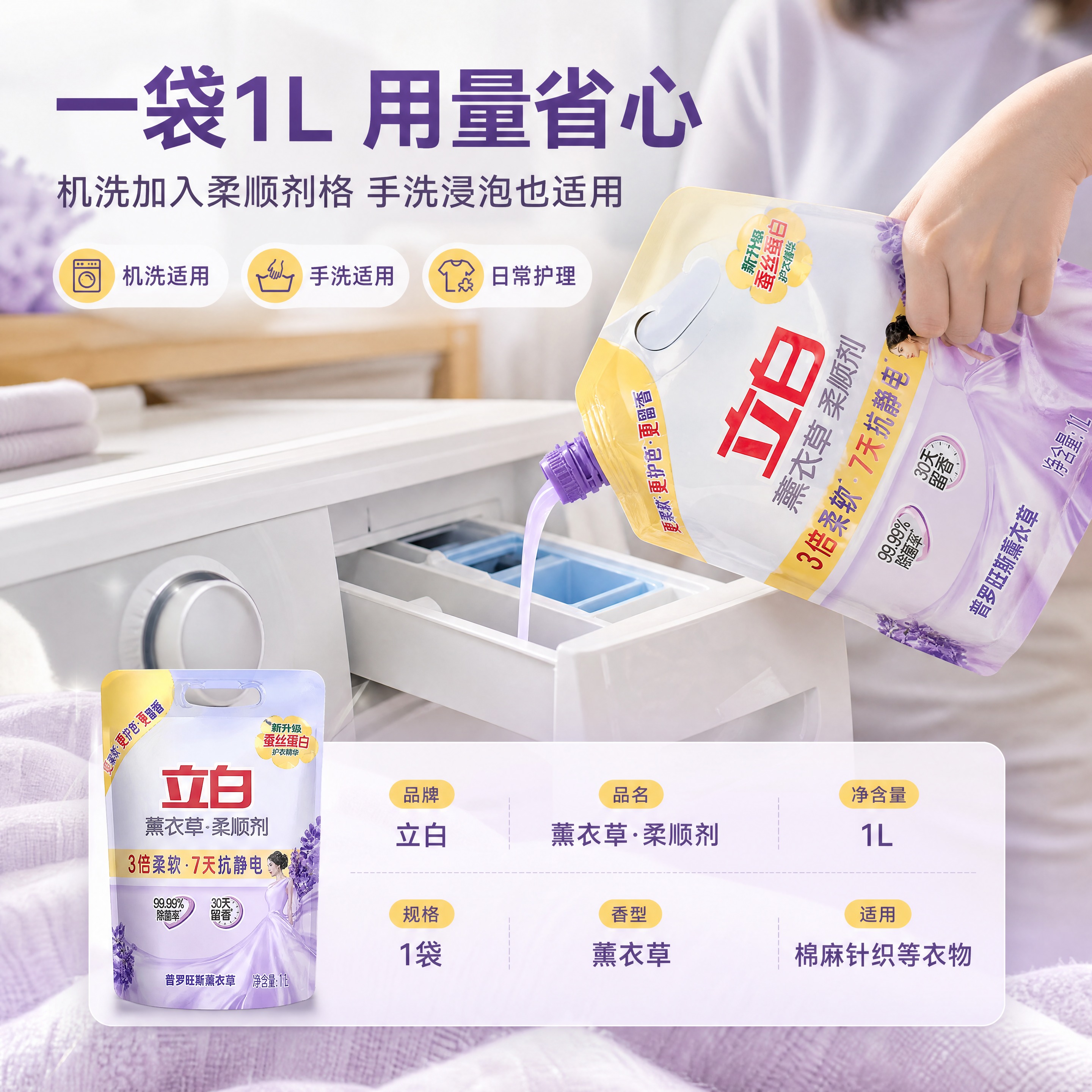 基于【图1】的立白薰衣草柔顺剂袋装图，生成详情页第5张——使用… - 图片创意预览
