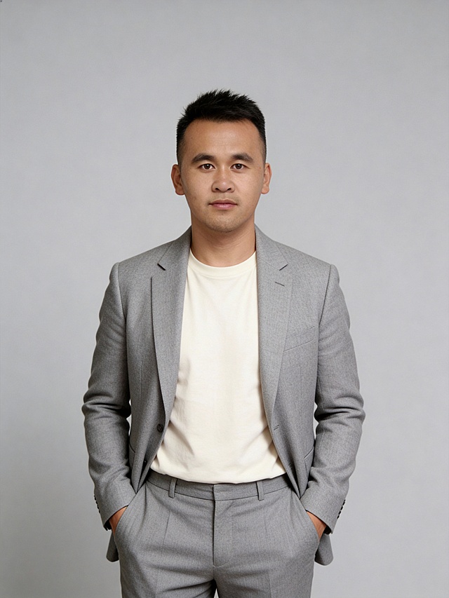 参考第一张图保留人物脸型､发型､年龄特征生成标准职场形象照,参考第二张图人物占位和比例;正脸照;人物居中,提亮肤色,均匀肤色,干净的男士淡妆,气色自然,无明显浓妆痕迹;身穿修身精纺羊毛混纺面料的浅灰色西装外套(平驳领);内搭米白色T恤,下装精纺羊毛混纺面料的高级浅灰色西裤(面料同西装),休闲双手插兜的姿态,肢体自然松弛,站立姿势,从容干练,臀部以上半身像,人物居中,表情动作自然,嘴角上扬,内敛,眼神坚定直视镜头,表情沉稳淡然;淡妆,柔和自然打光,画质清晰,头部完整,高清棚拍专业摄影人像写真,去除人物之外的所有元素,标准焦段50mm,F/4光圈(F/2.8-F/4区间),平视视角(镜头与人物视线齐平);人物占画面70%,人物居中(居中构图),位于画面中心,为视觉聚焦点,入境范围头部及以下至臀部下方10cm(半身像);左右留少量背景空间;头部与画面顶部保留5%空间;头部发型完整,头肩比例协调,结构准确;光比1:1.5,4800K中性光,修饰脸型,肤质哑光细腻,面部雾面柔光,轻透裸肌感,真实毛孔纹理,32K画质,去除人物之外的所有元素,零噪点降噪,极简中灰度纯色背景｡严格按照第一张图内容生成。