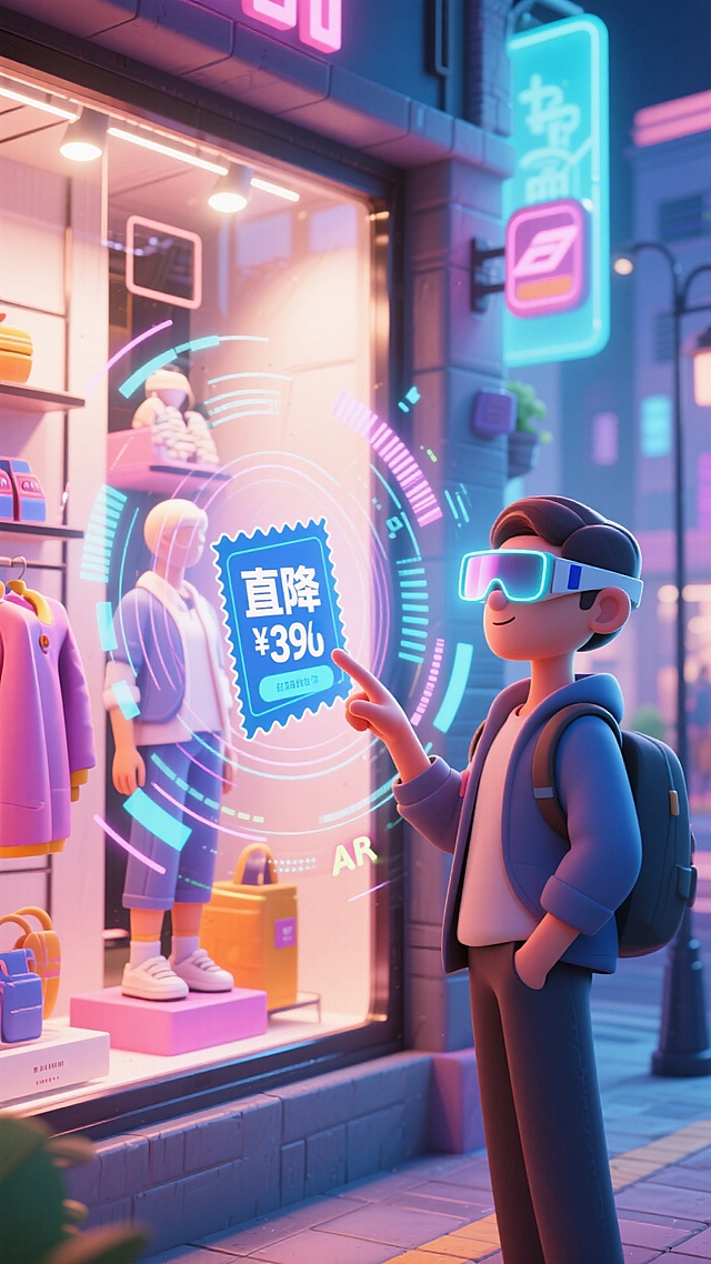 未来感与赛博朋克风融合的3D卡通场景，霓虹灯映衬下，人物佩戴AR眼镜互动虚拟促销信息，科技感十足的购物体验。
