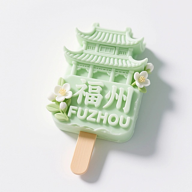 纯白色背景，文创雪糕居中，画面主体为“福州 FUZHOU”，立体古建筑、茉莉花元素装饰，浅绿色