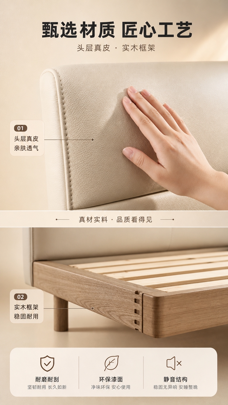 [商品] 使用【图1】米杏色齐边真皮床；保留床的整体结构、颜色… - 图片创意预览