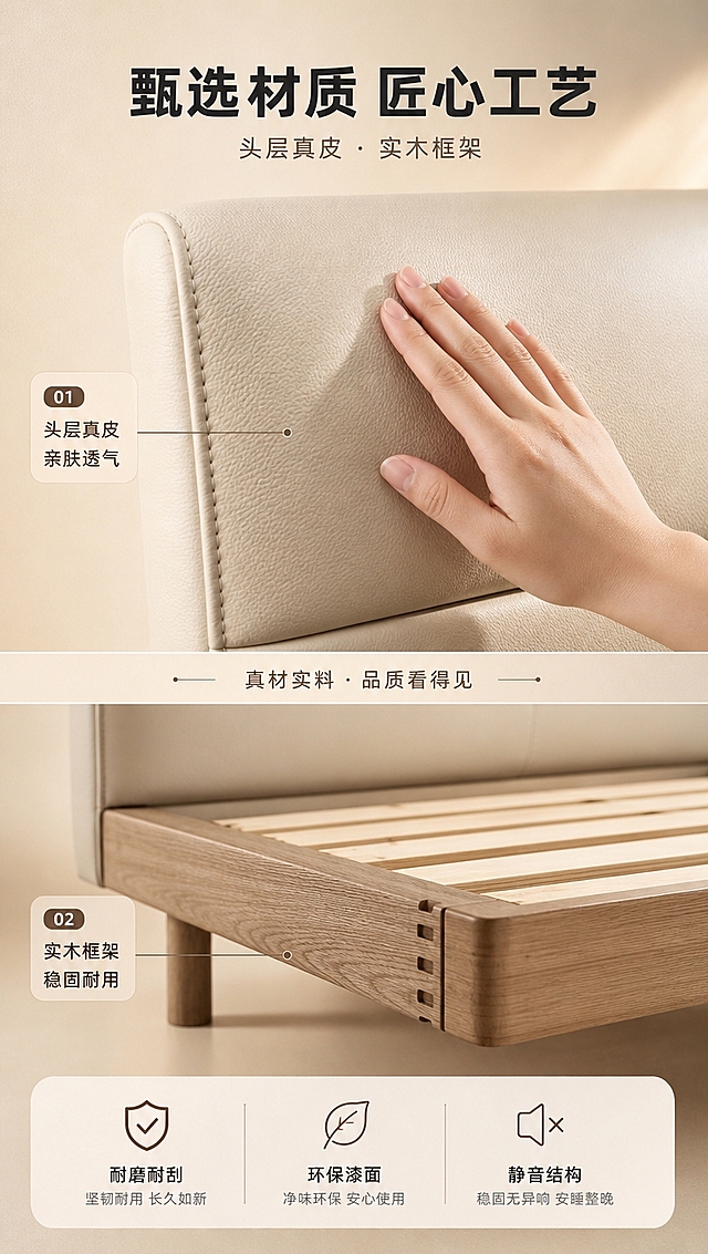 [商品] 使用【图1】米杏色齐边真皮床；保留床的整体结构、颜色、材质；本页重点展示床头真皮面料特写与床架实木框架细节（框架为合理衍生，保持风格一致）。
[画面] 目标：材质工艺页，证明真皮面料与实木框架品质。构图：上下分栏，上半部分床头真皮面料微距特写（手部轻轻触摸皮面），下半部分实木框架结构示意；中间分隔带文案；产品特写占画面约70%；背景为浅米杏色渐变+细腻纹理；暖调侧光凸显皮革纹理和木材质感。
[视觉] 套系策略：风格=意式极简高级商业摄影；标题字=现代无衬线粗体（思源黑体Heavy）；正文字=简洁无衬线体（思源黑体Regular）；主色=米杏色（#E8DCC8）；背景延展=基于米杏色做深浅层级、同色渐变和细腻墙漆/织物质感；强调色=深咖色（#6B5B4F），仅用于小面积图标、引线和标签；标题色=深炭灰（#2C2C2C）；正文色=中暖灰（#6B6B6B）；组件=圆角浅底信息卡、细线引线、数字序号胶囊；光影=右前侧暖柔光，柔和阴影。
[文字] 上半区主标题「甄选材质 匠心工艺」，副标题「头层真皮 · 实木框架」；皮面特写旁标注「头层真皮 亲肤透气」；框架示意旁标注「实木框架 稳固耐用」；底部3个icon+短文案横向排列：「耐磨耐刮」「环保漆面」「静音结构」；文字不遮挡材质主体。
[规格] 图片比例9:16竖版，4K分辨率，淘宝/天猫适配，中文文案，避免变形、错字、文字过小、冷蓝背景、床结构改变、颜色失真、极限词。
