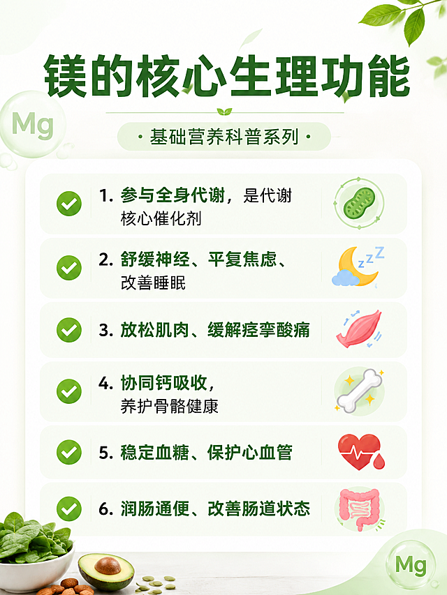 公众号科普贴图，基础营养科普系列主题，标题为'镁的核心生理功能'，包含六个要点：1.参与全身代谢，是代谢核心催化剂；2.舒缓神经、平复焦虑、改善睡眠；3.放松肌肉、缓解痉挛酸痛；4.协同钙吸收，养护骨骼健康；5.稳定血糖、保护心血管；6.润肠通便、改善肠道状态。每个要点前带绿色对勾✅符号，整体风格简约清新，适合健康科普，排版清晰易读，浅色系背景。