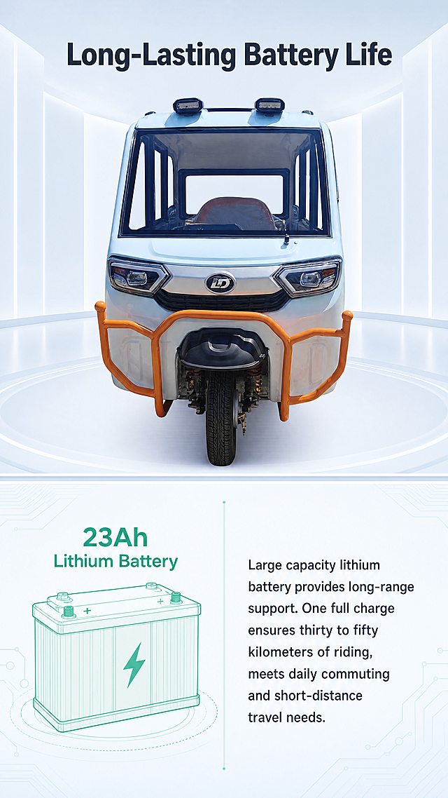 [第4屏] 长续航电池特性解析 - enclosed three-wheeled electric vehicle。本屏使用【图1】作为产品主体参考，重点展示长续航优势。
[氛围/风格] 理性技术解析风格，简洁实验室感背景，清晰突出电池参数，专业可靠。
[元素布局] 产品整体放置在画面上半部分，保持正面结构和颜色不变，占画面约50%。下半部分为电池特性解析区域，采用左侧参数示意图+右侧文字说明的结构，清晰展示23Ah锂电池续航能力。背景为简洁分层浅蓝白渐变，不抢产品风头。
[光影质感] 均匀布光，产品主体和下方信息区亮度一致，细节清晰，没有死黑或过曝区域，质感通透。
[配色色系] 全局底色：#F8FAFC；产品主体配色：#E1F0F9（浅蓝）+ #F2A93B（橙色）；参数区域：电池图标线条用 #10B981（绿色），文字深灰#334155。
[视角构图] 产品正面标准视角，下方横向分割出信息区，上产品下信息结构稳定，阅读从上到下自然流畅。
[文字版式] 顶部主标题 "Long-Lasting Battery Life"，深灰色加粗居中；下半部分左侧电池示意图标注 "23Ah Lithium Battery"，右侧文字说明："Large capacity lithium battery provides long-range support. One full charge ensures thirty to fifty kilometers of riding, meets daily commuting and short-distance travel needs."。文字分块清晰，字号大小区分层次，全部英文字符，无中文内容。
[比例分辨率] 9:16竖版比例，4K分辨率，文字清晰可辨，超高清。
[负向提示词] 产品变形，结构错误，颜色偏差，缺件错件，中文字符，文字错乱，水印，价格信息，引导抢购，夸大宣传，背景杂乱，画面模糊。