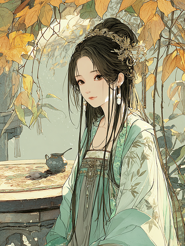 写实风格：“中晚唐偏梳髻，头发全部梳向右侧，低髻（枕骨高度），发丝松散挽成团状，余发垂肩显不对称美；髻侧插一支银鎏金簪（簪头雕蔓草纹），耳戴珍珠耳珰；身着浅碧色对襟襦裙（薄纱材质，衣领绣银线竹叶），外披烟灰色半臂；背景为秋日庭院（梧桐落叶、石桌茶盏），斜阳透过枝叶洒在发丝上；风格为写意古风插画，色彩清冷（碧、灰、银为主），发丝柔软垂坠，8K细节，疏离淡然。”